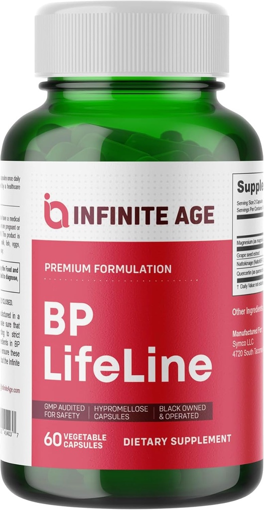 Infinite Age BP Lifeline Capsules, 60 Count - Heart Health Support Supplement med Grapeseed Extract, Nattokinase, Quercetin och Magnesium - Tillverkad i USA