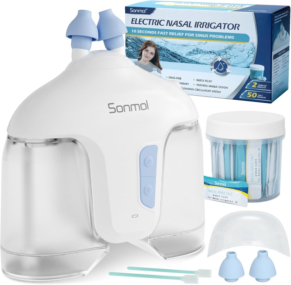 Sonmol Electric Nasal Irrigation System (Nasal Irrigation, White), Nose Cleaner för Sinus Adult, Self-Cleaning Nasal Cleaner med 50 Packets Saline