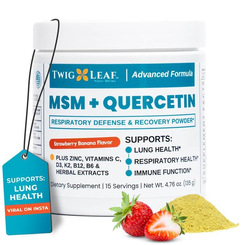 Twig & Leaf MSM Quercetin Supplement med vitamin C & Zink (Strawberry Banana) - MSM Powder Supplement för andningshälsa - Naturförsvar för säsongsutmaningar - 4,76 oz