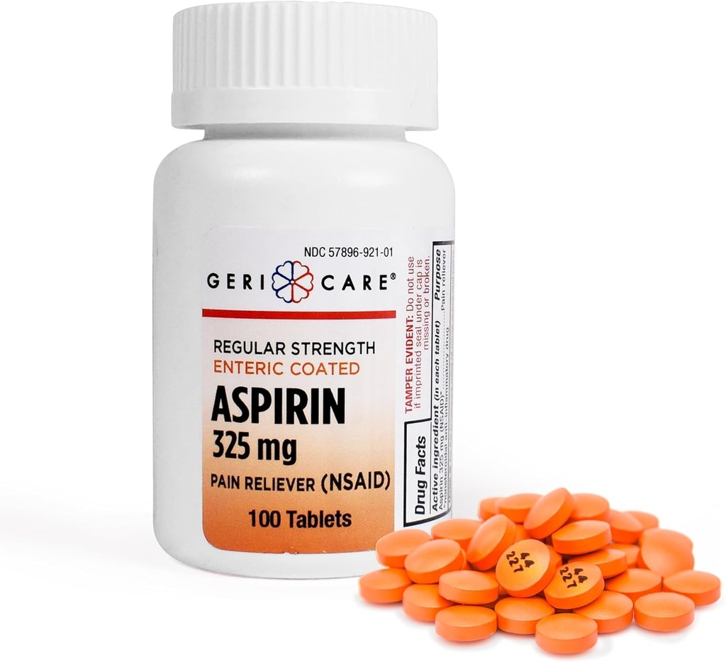 Enteric Coated Aspirin Tablets 325mg (100 Count) av GeriCare- NSAID Pain Reliever & Fever Reducer Coated Aspirin för vuxna - Regelbunden styrka Aspirin för huvudvärk Arthritis Menstrual & Muscle Pain