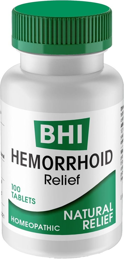BHI Natural Hemorrhoid Relief Soothes Burning, Swelling, Itching, Rectal Pain & Discomfort 8 Maximal Strength Homeopathic Active Ingredients Ease from The Inside for Women & Men - 100 tabletter