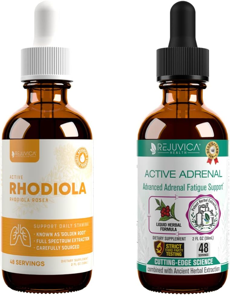 Rejuvica Health Active Rhodiola + Aktiv Adrenal - Stöd Energi + Stress - Liquid Leverans för bättre Absorption - Rhodiola, Ashwagandha, Helig Basil & Mer!