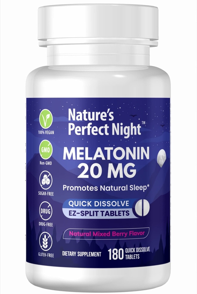Naturens perfekta natt | Melatonin 20mg | 180 Snabbupplösta tabletter | Natural Mixed Berry smak | Hög styrka | Sugar Free | Vegan | Gluten Free | Värdestorlek