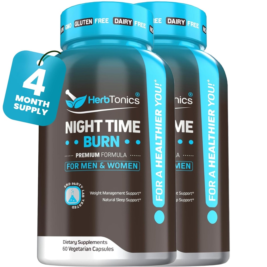 Herbtonics Night Time Burn & Sleep Complex stöder nattmetabolism, stressavlastning och djup sömn. Inkluderar Melatonin, Valerian och Green Tea - Vegan Bedtime Weight Management (120 kapslar)