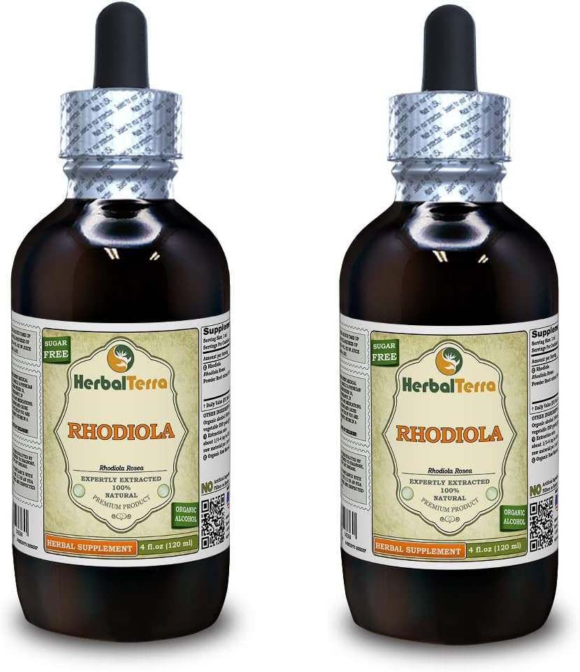 Rhodiola (Rhodiola Rosea) Tinktur, Organic Dried Roots Liquid Extract (Brand Name: HerbalTerra, Proudly Made in USA) 2x4 fl.oz (2x120 ml)