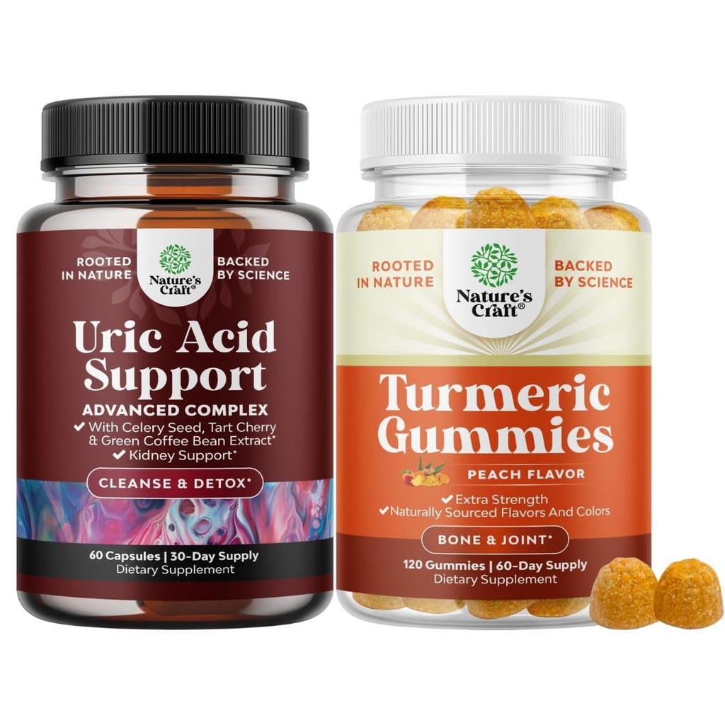 Natures Craft Bundle of Vegan Uric Acid Cleanse och Detox för män och kvinnors gemensamma njurar och mer och gummies för vuxna Peach smak - extra styrka gemensamt stöd gummies