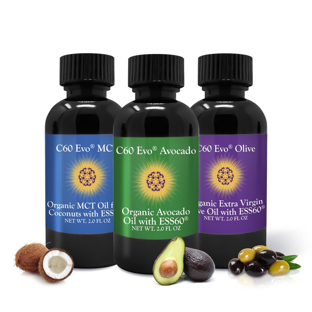 C60 Evo All-Natural Edible Oils, Mini Oil Sampler Set med Pure C60 ESS60, Immune Support och Joint Support Supplement med Olivolja, Avocado Oil & MCT Coconut Oil, Set of 3, 2 oz