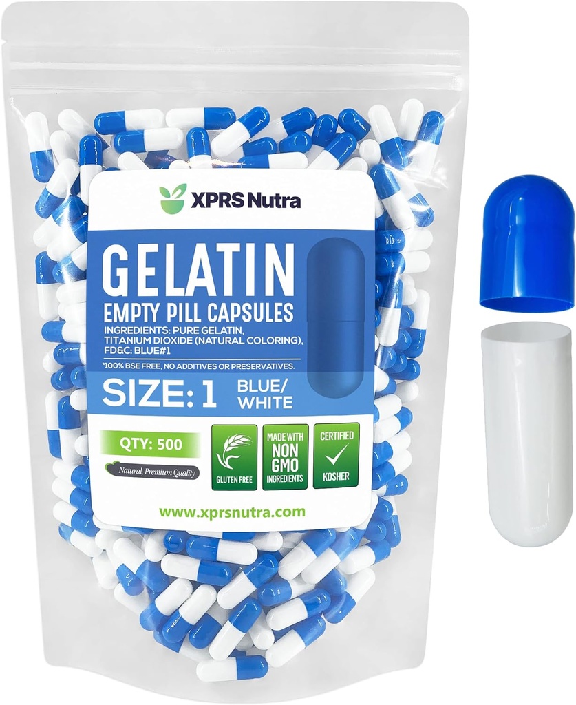 XPRS Nutra Size 1 Empty Capsules - 500 Count Empty Gelatin Capsules - Pill DIY Capsule Fyllning - Pure Bovine Pill Gel Caps for Do-It-Yourself Supplements (Blå / Vit)