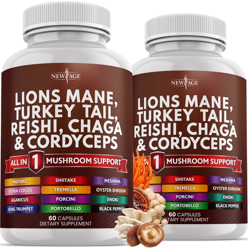 NEW AGE Lions Mane Mushroom Supplement med Turkiet Tail Reishi Cordyceps Chaga med Marshmallow Root - 120 greve