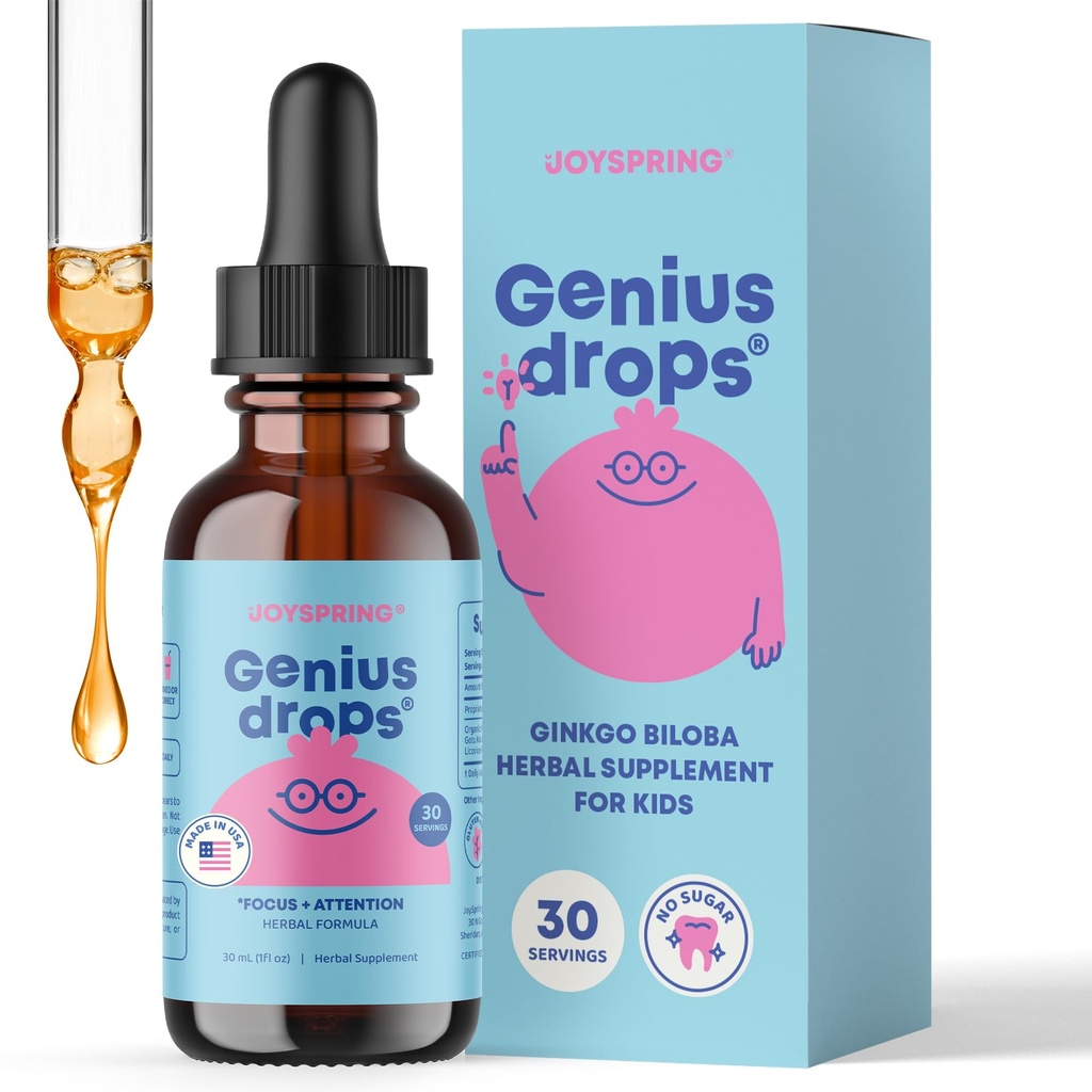 JoySpring Genius Drops för barn | Kliniskt beprövad Focus Supplement | Liquid Herbal Focus Supplement med Ginkgo Biloba för barn (1 fl oz) 30 portioner