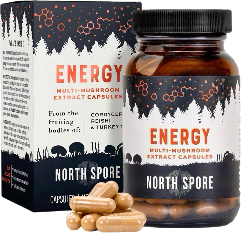 Organisk "Energy" Mushroom Extract Capsule Supplement | Stamina & Endurance | Cordyceps, Reishi, Turkiet Tail | 100% Fruiting Body Extracts | Vegan, icke-GMO | Made in USA - 120ct
