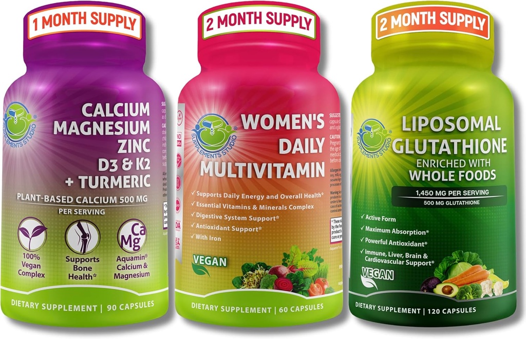 Kvinnors Multivitamin, Calcium & Liposomal Glutathione Trio - Plant-Based Calcium, Magnesium, Zink, D3, K2 & Turmeric + Women's Daily Multivitamin med järn + Liposomal Glutathione 500mg