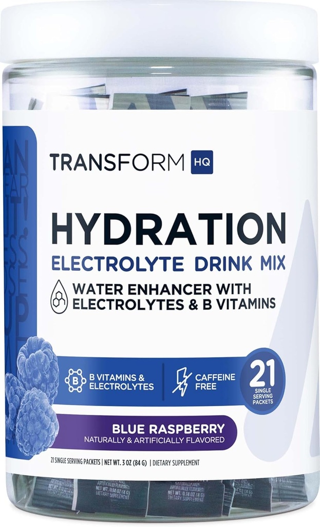 TransformHQ Hydration Drink Mix (21 Single-Serving Packets, Blue Raspberry) - Hydration Supplement Blend med vitaminer och elektrolyter