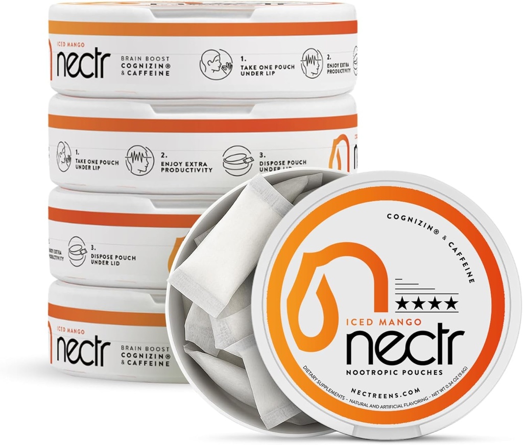 Nectr Energy Nootropic Pouches - Iced Mango Flavored, koffeinpåsar med Cognizin® Citicoline. Sockerfri hjärnbehandling. Smidig, hållbar fokus & energiförsörjning - 5 Pucks på 16pcs