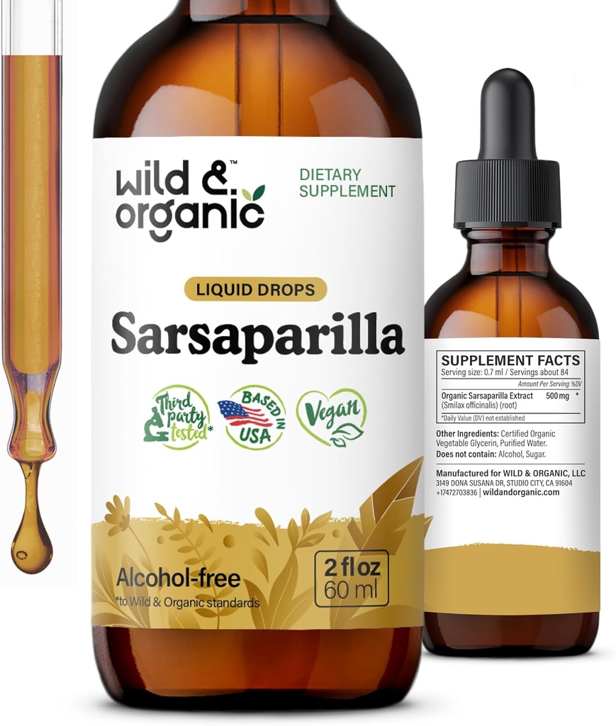Wild & Organic Sarsaparilla Root Drops - Detox Cleanse Drops - Sarsaparilla Powder Based Tincture - Vegan, Sugar & Alkoholfri Liquid Supplement - 2 fl oz