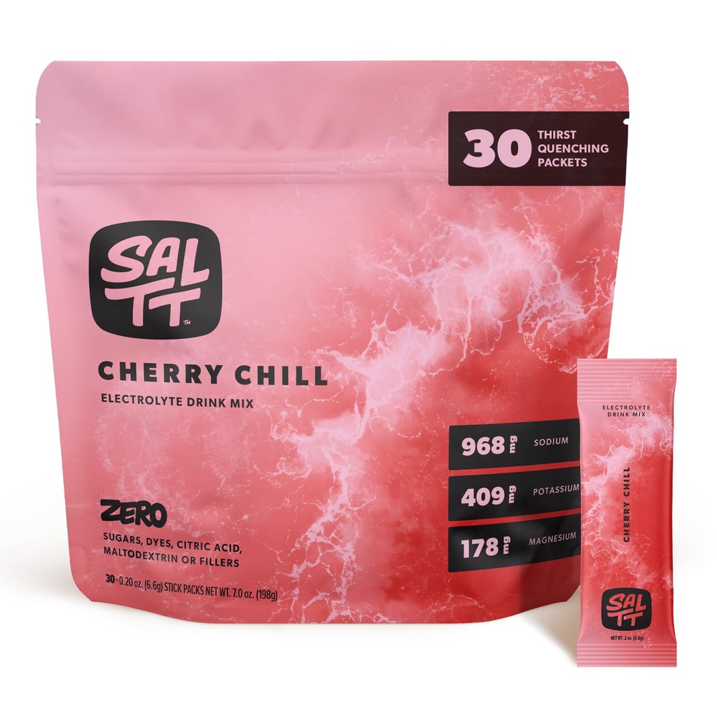 SALTT Electrolytes Powder smaksatt dricka Mix - Cherry Chill - 30 Hydration Packets - Magnesium, kalium, natrium, spårmineraler - Zero Sugar & Gluten Free - Travel Essentials