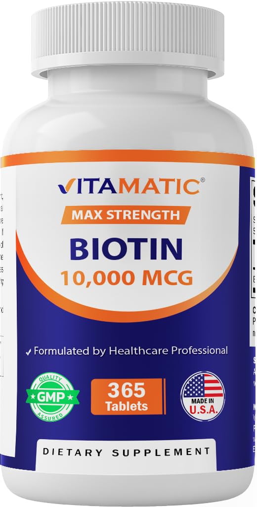Vitamatic Biotin 10 000 mcg (10 mg) för starkare hår, hud och naglar - 365 Vegan tabletter - Kallas också vitamin B7