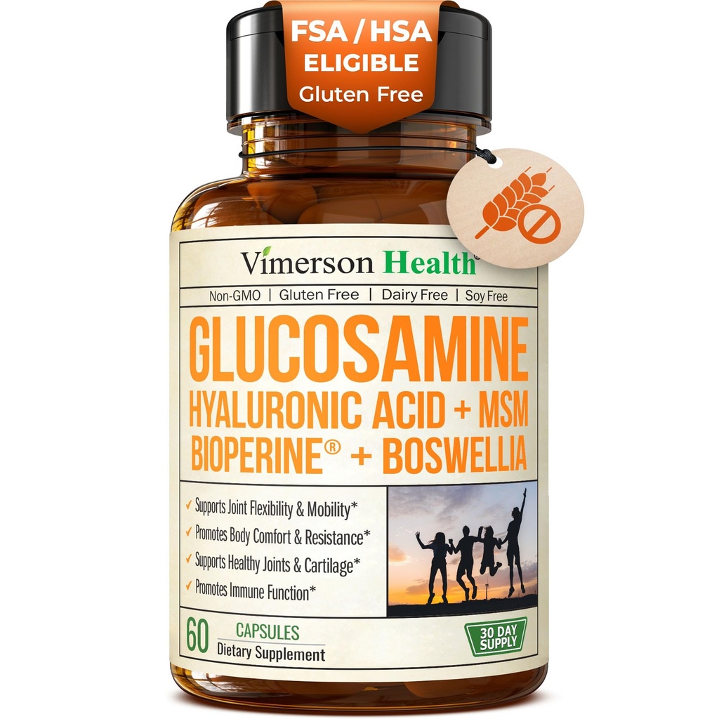 Glukosaminsulfat med Hyaluronsyra, Boswellia, Black Pepper & MSM Supplement - 5-i-1 gemensamma tillskott för män och kvinnor - Gemensam hälsa, rörlighet och benstyrka - FSA Berättigade 60 Caps
