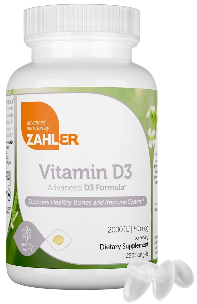 Zahler - Avancerad vitamin D3 2000 IE Softgels (250 greve) Kosher Vegetarian Friendly Vitamin D för immunstöd, ben, tänder och muskelhälsa - Daglig D3 Vitamin Supplement för vuxna - Easy Swallow V
