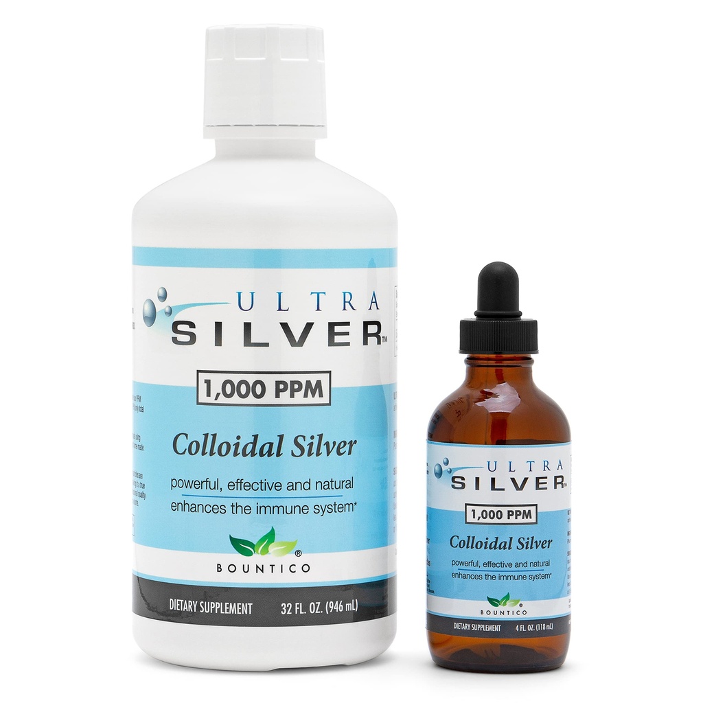 Ultra Silver® Colloidal Silver | 1000 PPM, 32 Oz (946mL) | Mineral Supplement | True Colloidal Silver - 4 oz Dropper Bottle (Empty) Ingår för Dispensing!