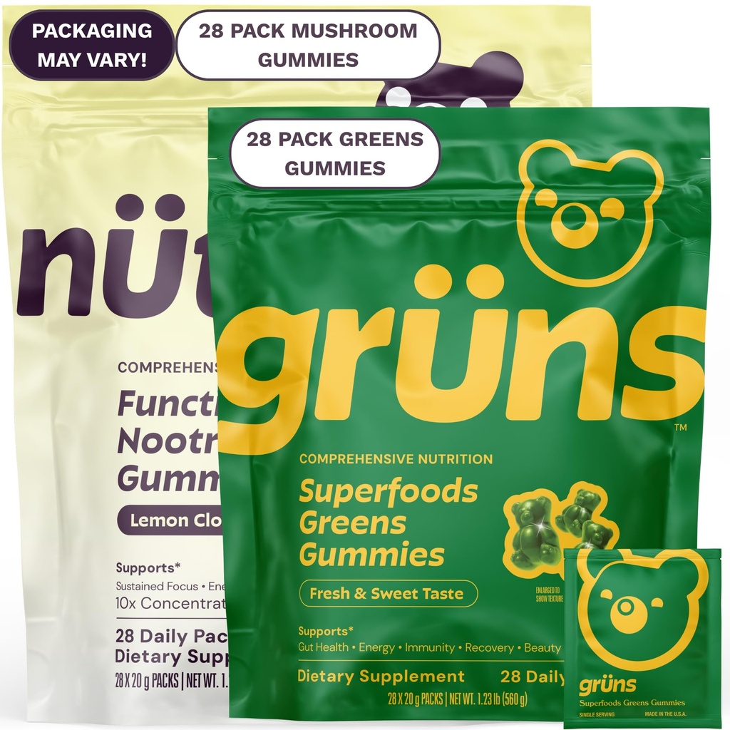 Gruns Superfood Green + New Nütrops Gummy Bundle, Organic Nutritional Supplement 2 x 28 Pack: Multivitamin, prebiotika, adaptogener + Nootropic Mushroom Herbal Supplement för att stödja humör, fokus, Gut