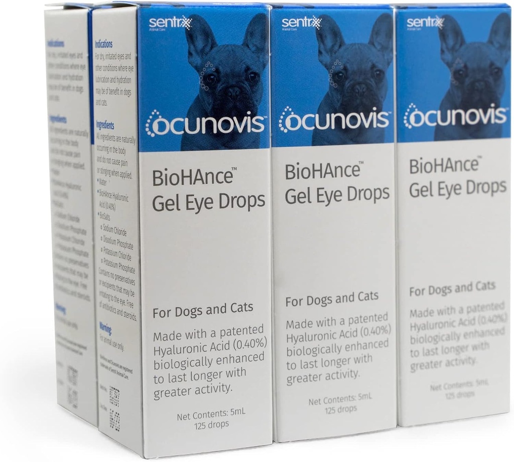 Sentrx - Ocunovis Gel Eye Drops för hundar och katter med torra ögon, Hydrating Cat och Dog Eye Drops med Hyaluronic Acid, Non-Blurring och icke-Stinginging Artificial Tears, 5 ml, 6 Pack