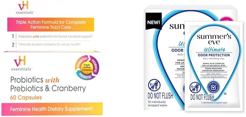 vH väsentliga Probiotika med Prebiotika och Cranberry 60 kapslar och sommarens Eve Ultimate Odor Control Feminine Wipes med Boric Acid 12 ct