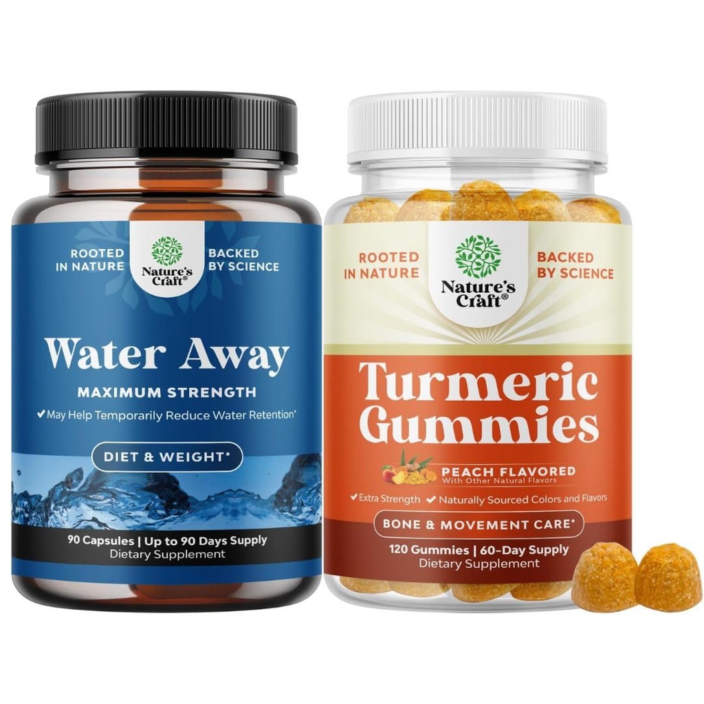 Bundle of Water Away Fluid Retention med Dandelion Leaf Extract & Green Tea för Bloating Relief och gummies för vuxna Peach smak - gurkmeja Curcumin med Black Pepper Extract och Ginger
