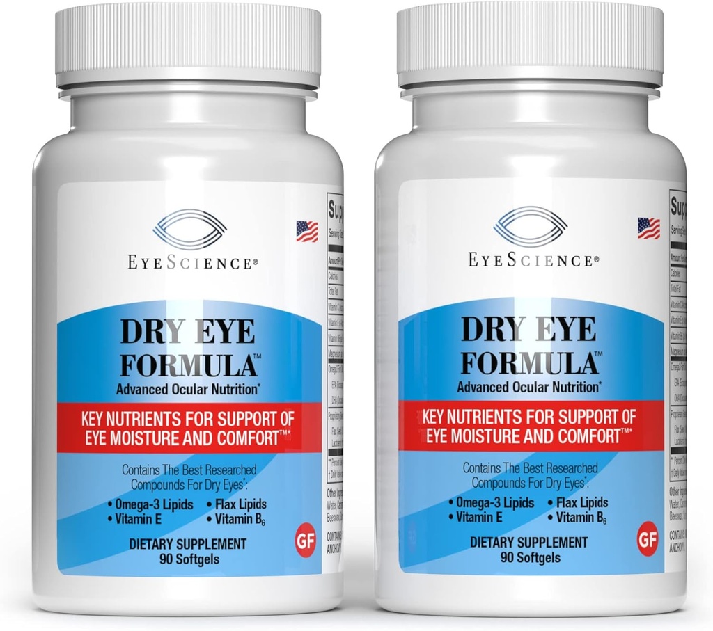 EyeScience - Dry Eye Formel - 90 Softgels - för Relief, Omega-3, Vitamins E, C & B6, Magnesium - Tear Production & Lasting Comfort - 2 Pack