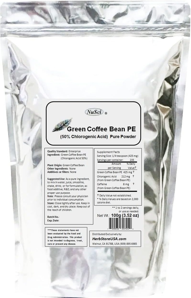 Grönt kaffe Bean extraktpulver, Standardiserad 50% klorogensyra (100 gram (3,52 oz))