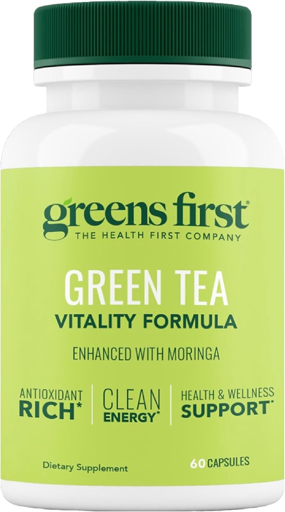 Greens First Green Tea Vitality Formel - Förbättrad med Moringa - Antioxidant-Rich för ren energi - Vegan & Gluten-Free - Kraftfullt Blend för energi & Total Wellness (60 kapslar)