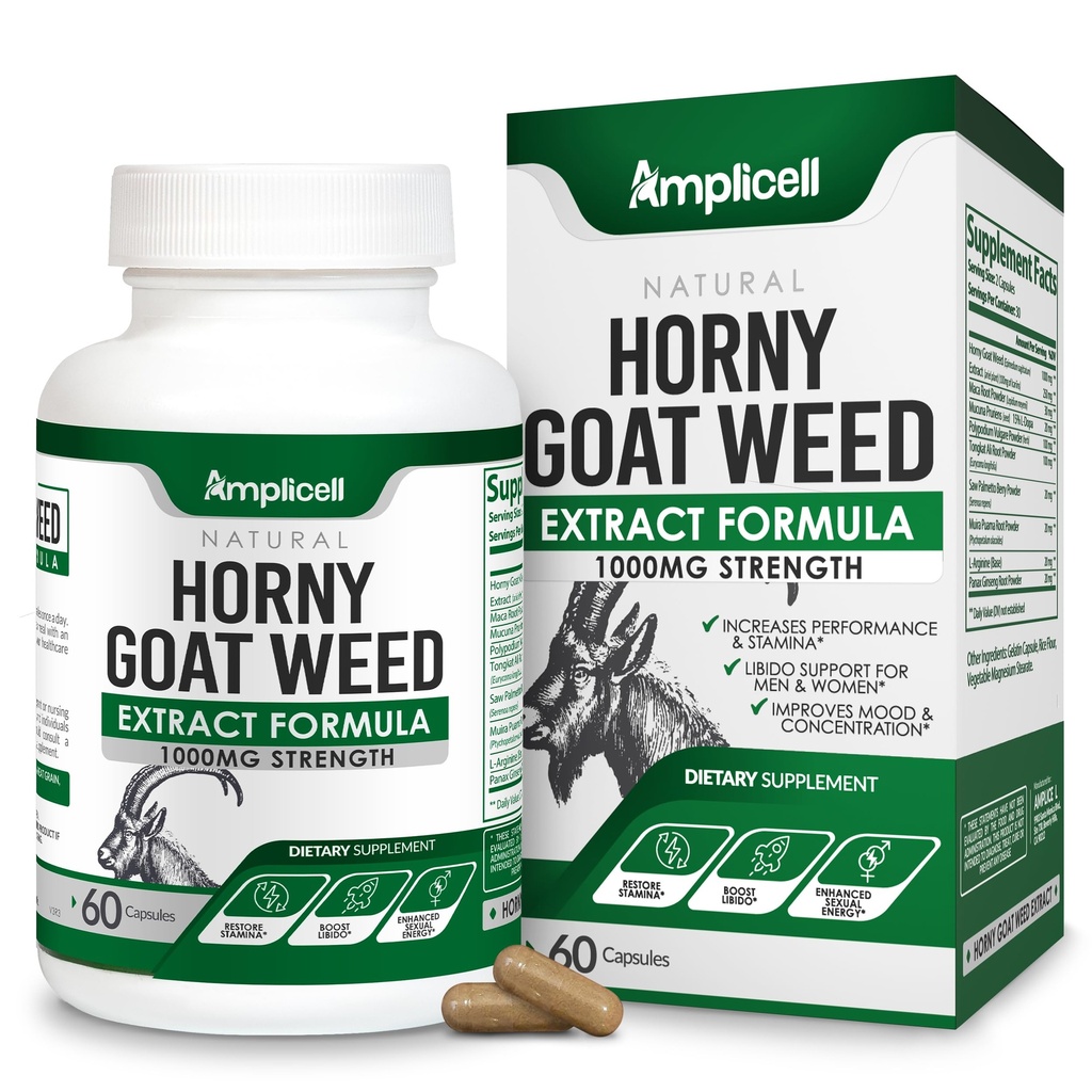 Horny Goat Weed med Maca Root, Tongkat Ali, L-Arginine & Panax Ginseng - Male Performance & Libido Booster Supplement - Energy, Stamina & Vitality Pills för Män & Kvinnor - 60 kapslar