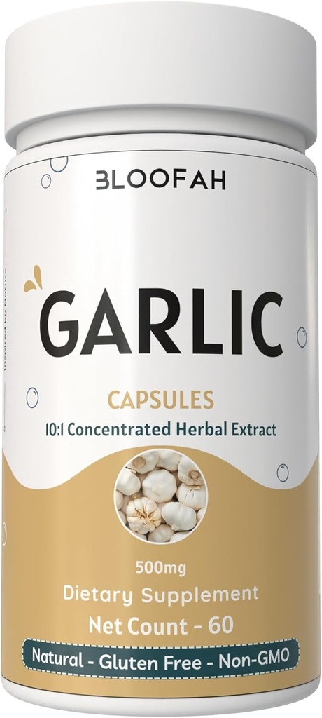 Garlic Capsules 500mg | Koncentration av 10:1 Extract Powder | Allium sativum Herbal Supplement | Naturlig, icke-GMO, Gluten-Free, inga artificiella tillsatser (60 greve av 1)