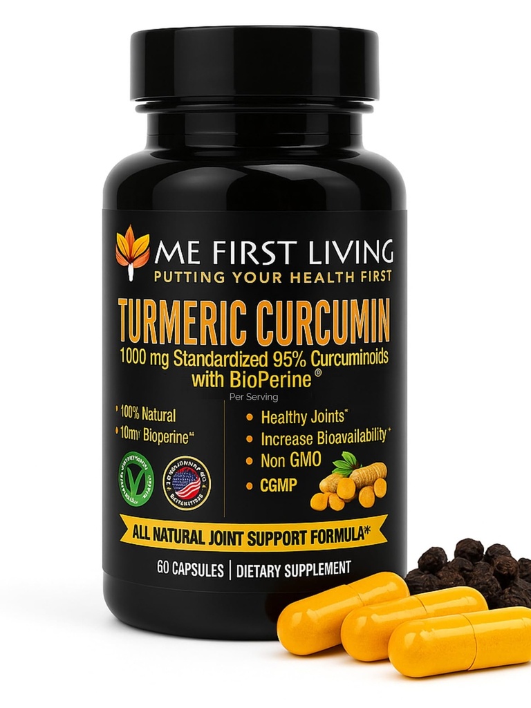 Me First Living Turmeric Curcumin 1000 mg 95% Curcuminoids, Bioperine 10 mg, 19x Mer potent än andra, ökad absorption, icke-GMO, organisk gurkmeja, Vegan, Gluten Free, 60 kapslar