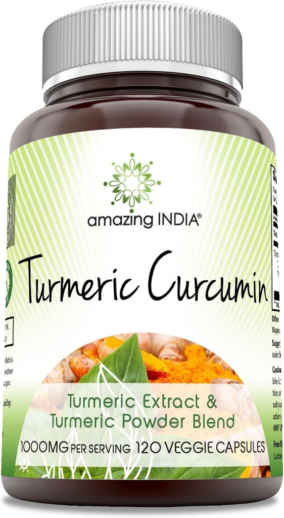 Fantastisk Indien gurkmeja Curcumin 1000 Mg per portion | 120 Veggie Capsules Supplement | Blend of Turmeric Powder & Turmeric Extract | Icke-GMO | Gluten Free | Made in USA