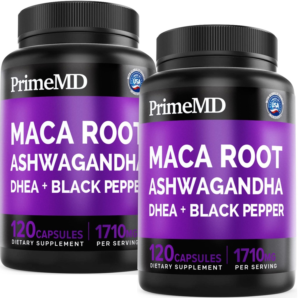 6-i-1 Organic Maca Root Ashwagandha Capsules 1710mg med DHEA och Black Pepper Fruit Extract för kvinnor och män - Black Maca Supplement för Stamina, Bone and Mood Support Supplement, 120ct (Pack of 2)