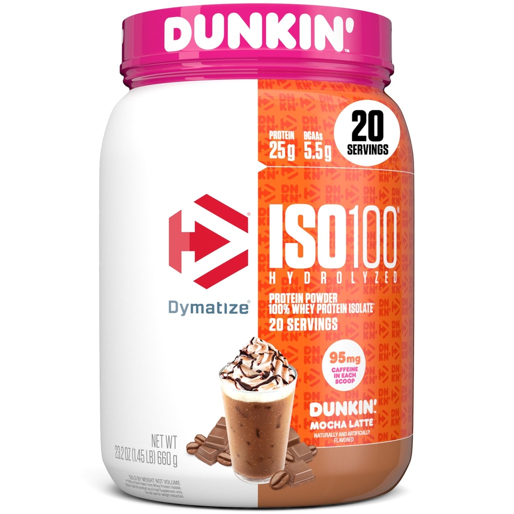 Dymatize x Dunkin' Mocha Latte ISO100 Whey Protein Powder, 95mg koffein, 25g protein, 5,5 g BCAA, 120 Cal., Gluten Free, 1g Fat, 1g Sugar, 3g Carb (20 portioner)
