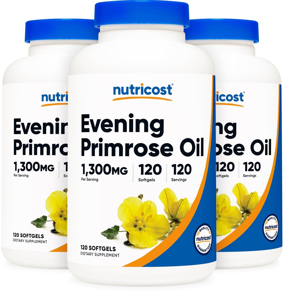 Nutricost Evening Primrose Oil 1,300mg, 120 Softgels (3 flaskor) - Icke-GMO, Gluten Free, 120 portioner