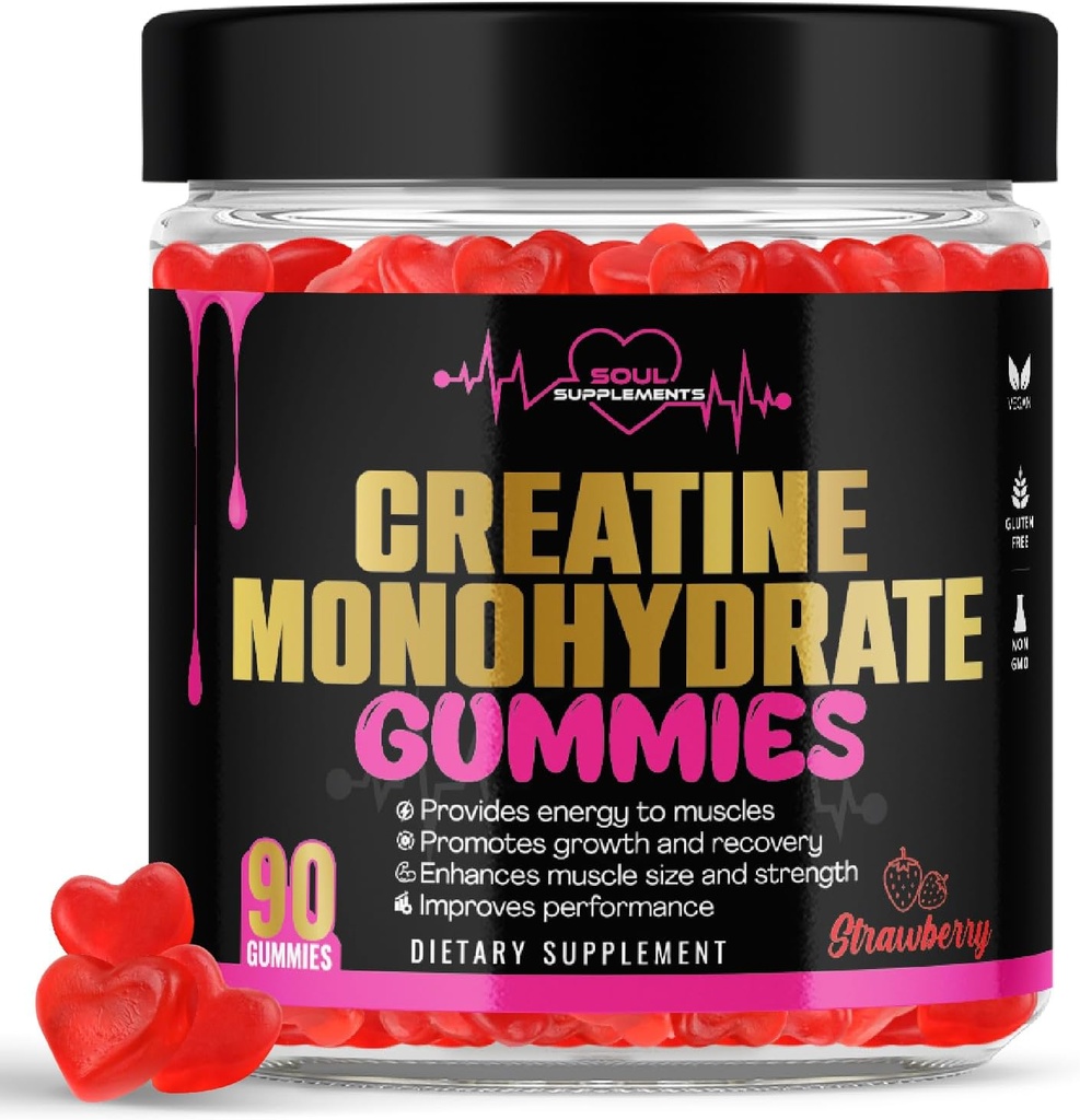 Generisk kreatinmonohydrat Gummies för muskelåterhämtning, muskelökning och styrka, energifokus och hjärnhälsa, glutenfri, icke GMO, vegantillskott för män och kvinnor, 30 portioner 90 ct