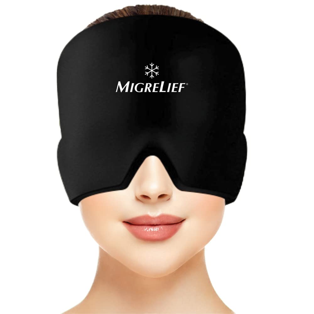 Migrelief Migraine Relief Cap - Ice Cap för Migraines och huvudvärk med 360 graders huvud och Eye Coverage - Cold Therapy Headache Hat och Migraine Mask för naturlig smärtlindring - En storlek, svart