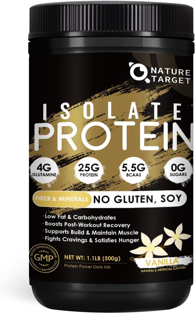 NATURE TARGET Isolate Whey Protein Powder Vanilla, 25g Protein Low Carb Sugar-Free & Gluten-Free, 5,5 g BCAAs, Rich i Fibers & Minerals, 1,1 pund, 16 portioner