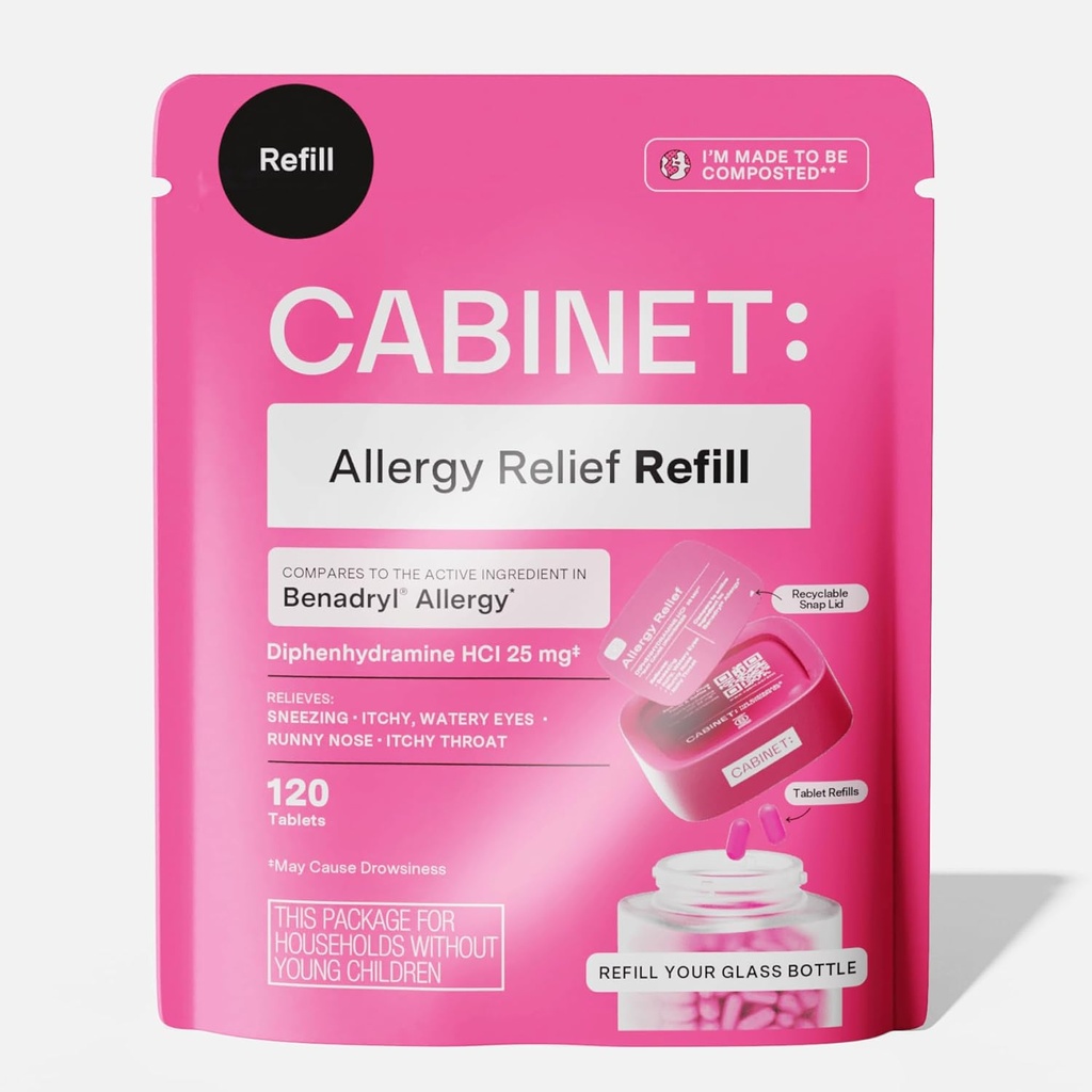 Cabinet: Diphenhydramine 25mg Allergy Relief Antihistamine Tablets for Allergies, Hay Fever, and Runny Nose, 120 Tablets (Refill Pouch)
