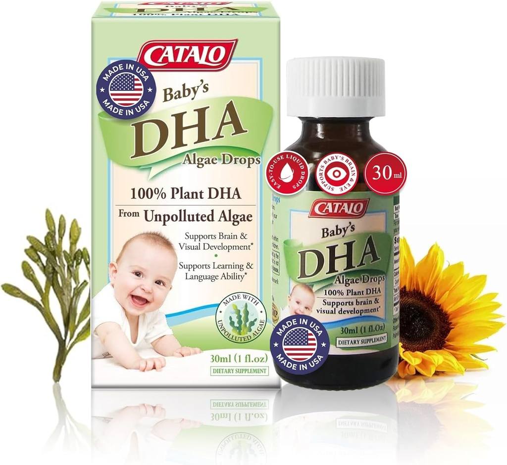 CATALO Baby's Algae DHA Drops - Plant-Based Omega-3 Supplement för spädbarn - Ingen fiskolja, inga konstgjorda tillsatser - Lätt att använda flytande DHA Supplements - 30ml (1 fl oz)