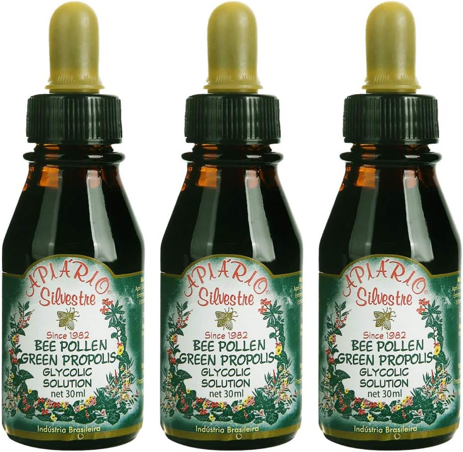 3 flaskor Apiario Silvestre Bee Pollen & Brasilien Green Bee Propolis Liquid - Glycolic Extract-Non Alcoholic, Wax Free, Sugar Free