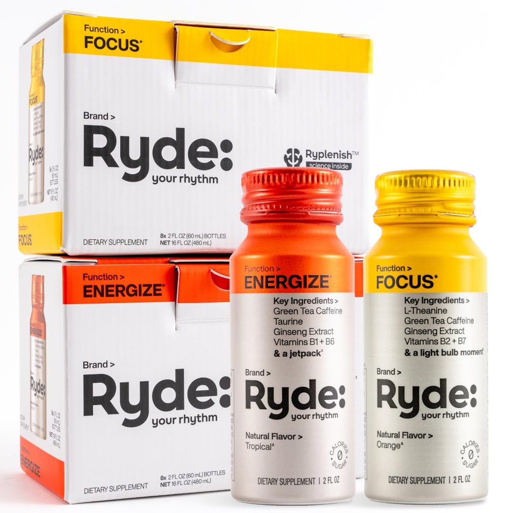 RYDE Shots | Energi + Fokus | Vitaminer och koffein | Zero Calories, Zero Sugar | Förpackning med 16