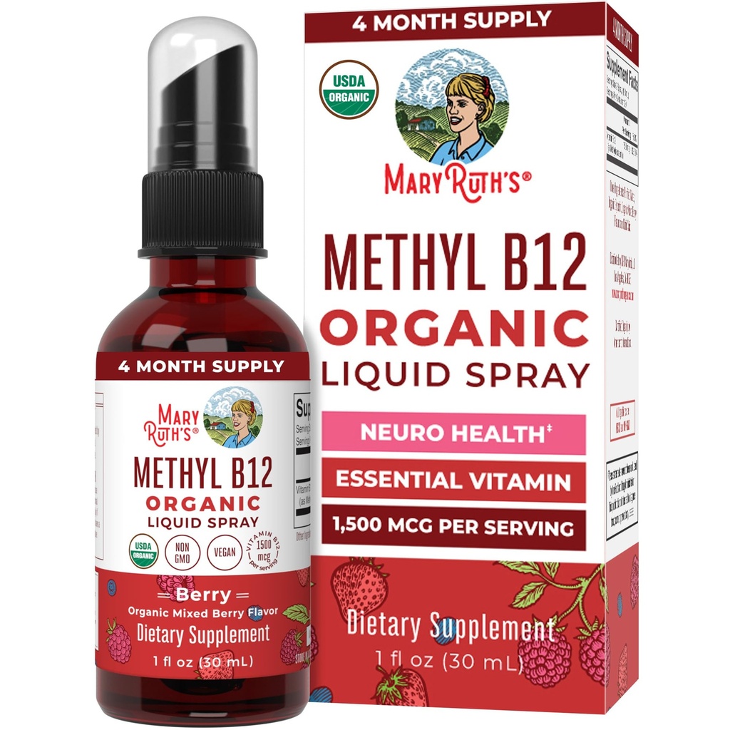MaryRuth Organics Vitamin B12 Liquid Spray | Vegan, icke-GMO, Gluten-Free | USDA Organic Supplement | Energi & Nervous System Support | B12 Vitaminer för kvinnor och män | 1.500 mcg | 1 Fl Oz