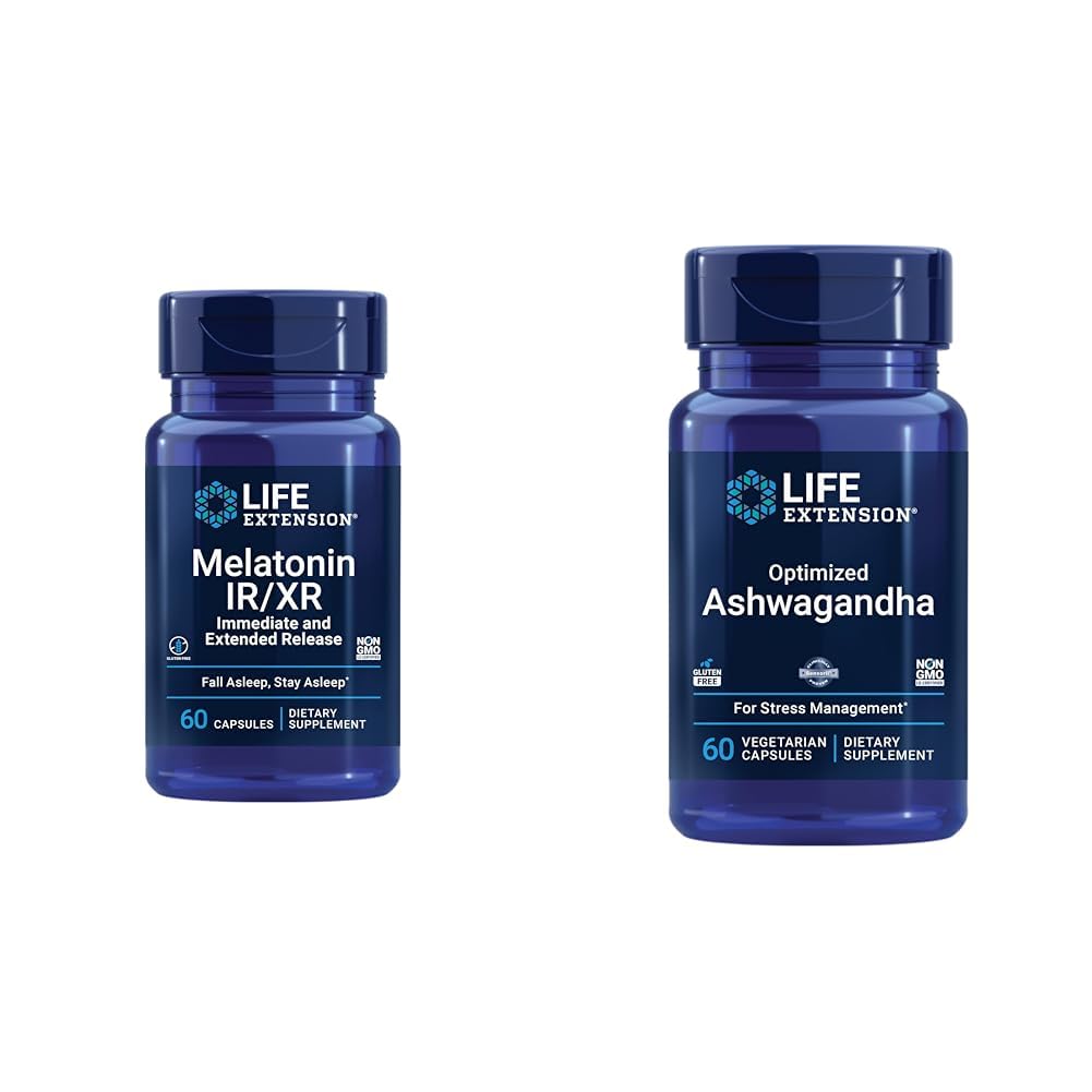 Life Extension Melatonin IR / XR & Optimized Ashwagandha - Sömn, stressavlastning, fokus, minne - 60 kapslar