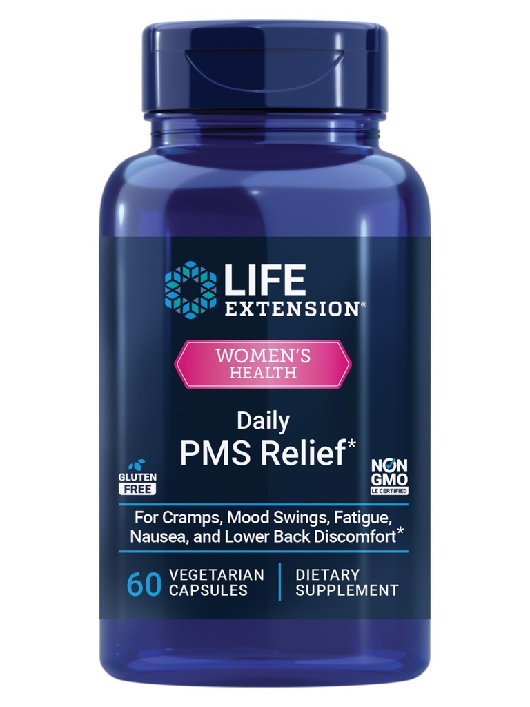 Life Extension Daily PMS Relief, Menstrual Comfort Supplement, PMS-Related Cramps, Lägre Back obehag, Mood, Ginger, Magnesium, B6, Gluten-Free, Non-GMO, 60 kapslar