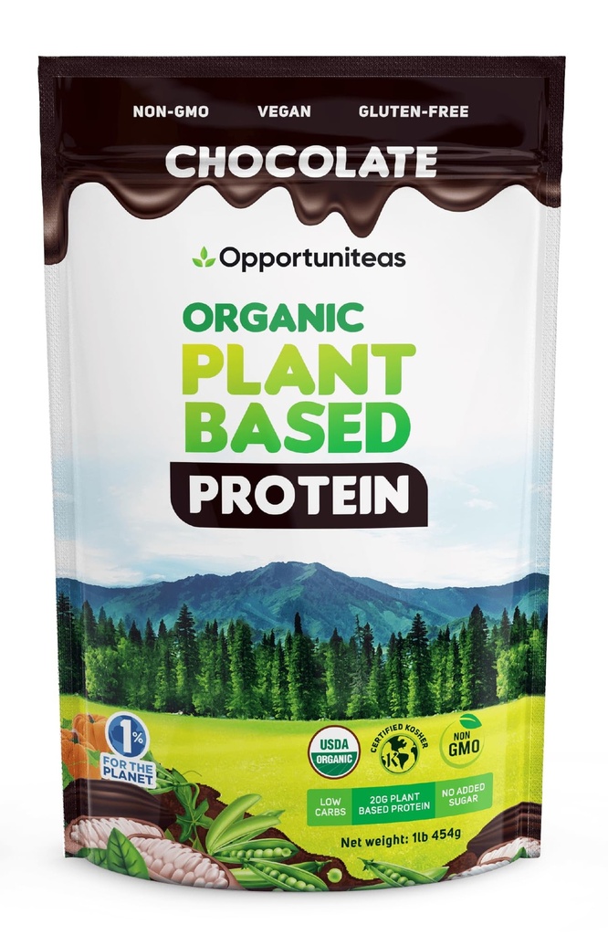 Opportuniteas Organic Plant Based Protein Powder, 20g Vegan Protein from Pea, Pumpkin, and Rice, No Sugar, Non-GMO, Gluten-Free, Creamy Chocolate, 1 lb