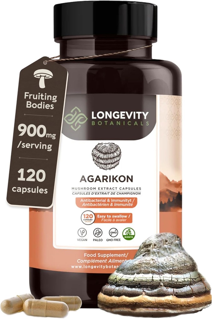 Longevity Botanicals Agarikon Mushroom Extract Capsules (120) | Koncentrerad 10:1 Ratio | 100% Fruiting Bodies | Laricifomes Officinalis Supplement för immunitet och andningsstöd